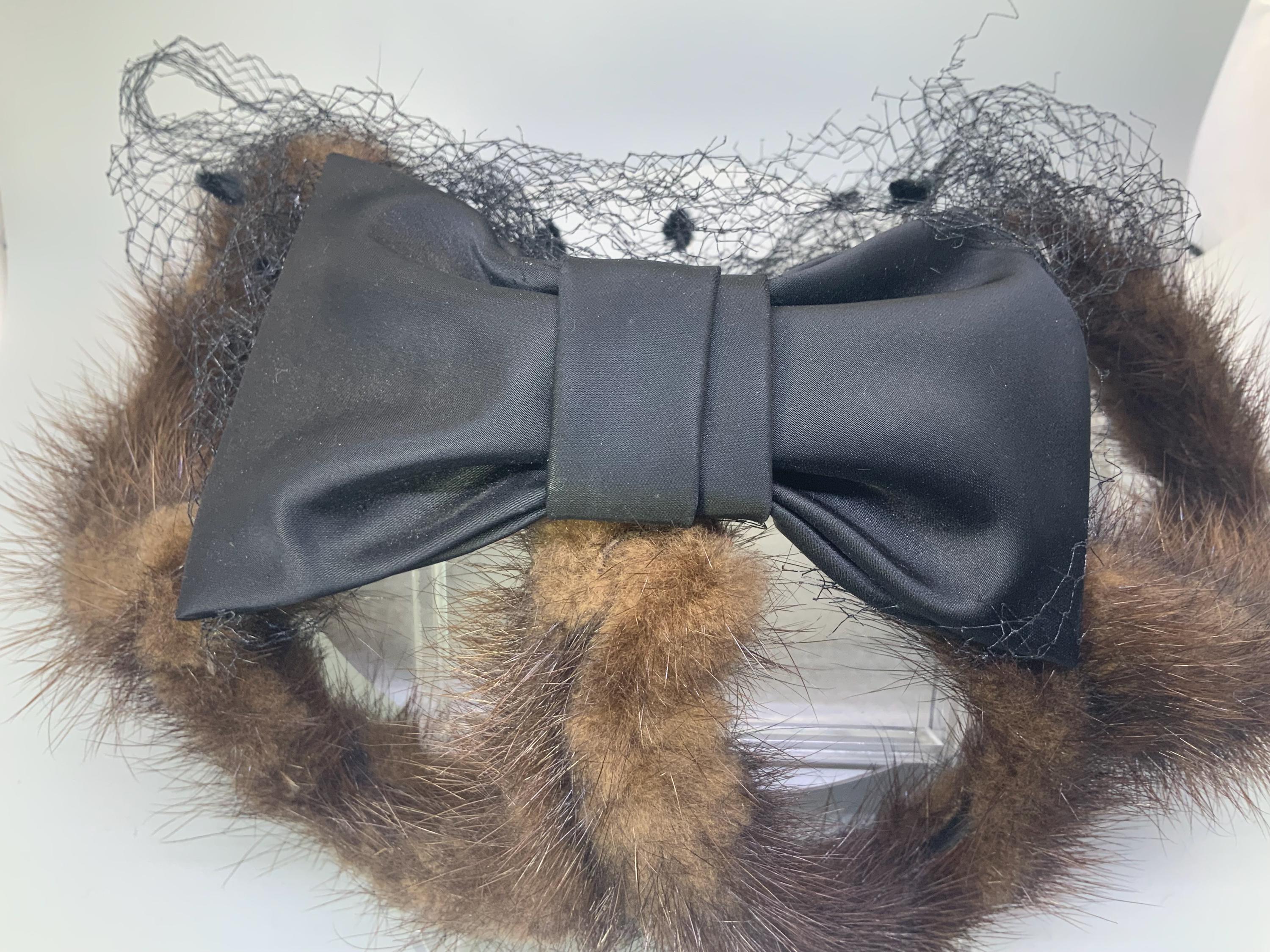Vintage Mink Fascinator Hat With Black-brown Satin Bow and  display picture 2