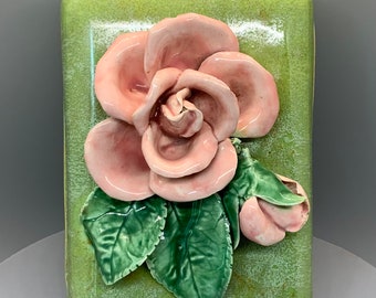 Vintage California Pink Rose Ceramic Trinket Box, Stash Box