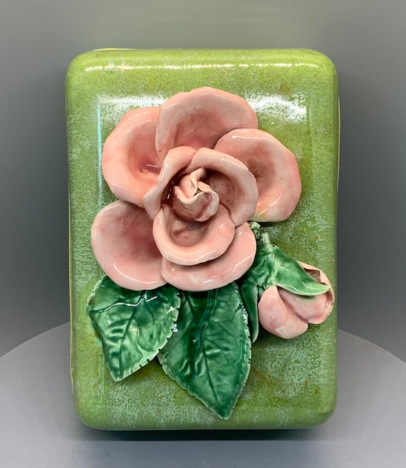 Vintage California Pink Rose Ceramic Cigarette Box