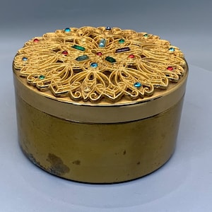 Vintage Brass Bejeweled Lidded Trinket-Jewelry Box