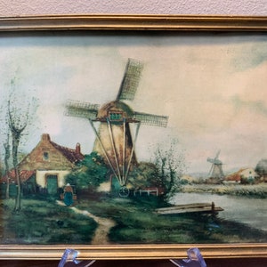 Vintage Dutch Windmill, Cottage, Woman Carrying Water, Colored Print and Wood Frame