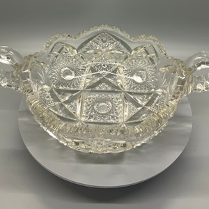 Antique American Brilliant Cut Crystal Candy Dish with Two Loop Handles