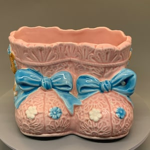 Vintage Ceramic Baby Boy Girl Pink Bootie Planter