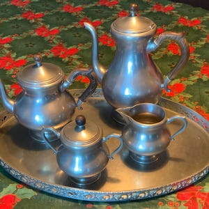 Vintage Pewter Coffee Pot, Tea Pot Creamer, Sugar Bowl and HUGE Pewter Tray