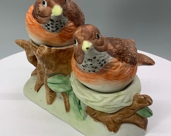 Vintage Bird Salt & Pepper Shaker Set, Ceramic Song Birds on Nests, with Tree Stump Stand, Cottage Core Kitchen Decor