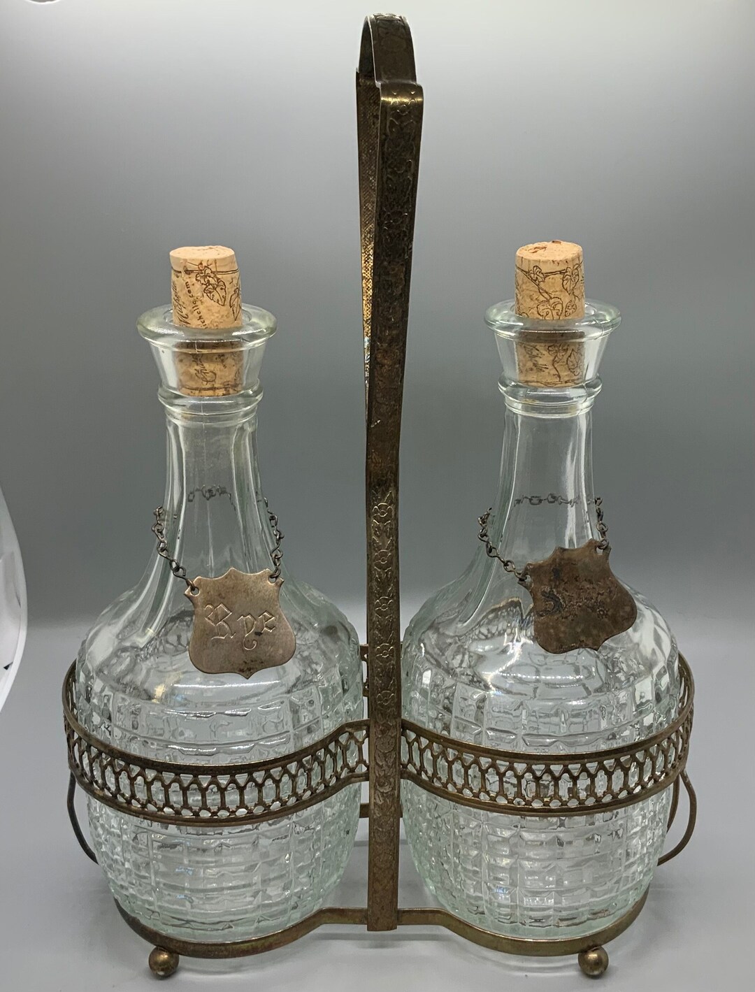 Mid Century Double Decanter Set With Caddy and Cork Stoppers Etsy