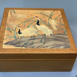 Set of 6 Taiwan Coasters with Wooden Coaster Box; Lacquer Cranes-Herons and Landscape