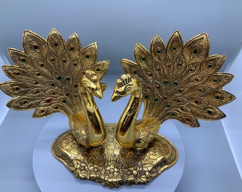 Pair of Vintage Brass Peacocks-On One Stand