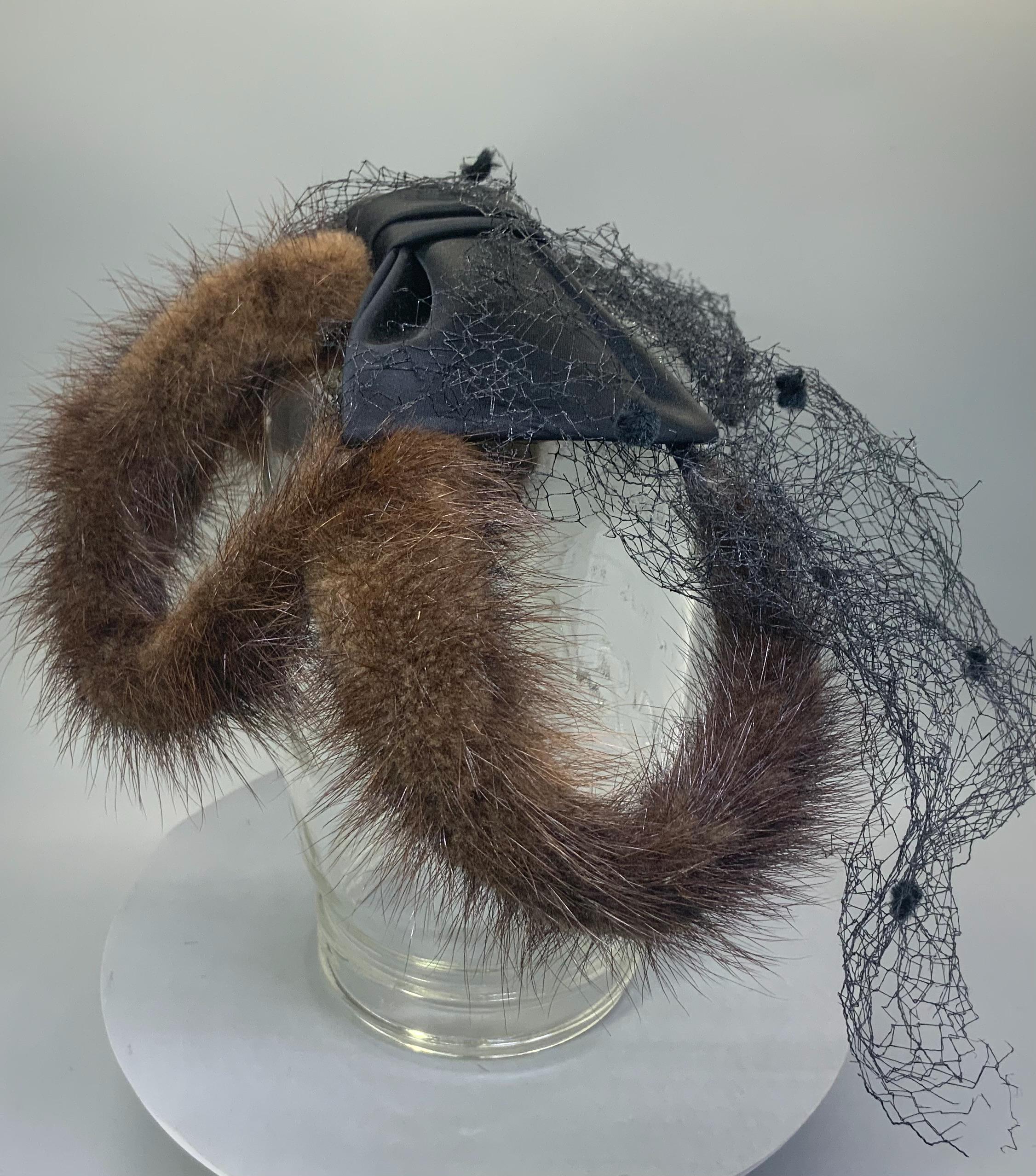 Vintage Brown Mink Fur Fascinator 1950s Calot Hat Netting Satin Bow Mod Cocktail 1950s Fur Veil Fascinator Copper Brown - Etsy main image 4