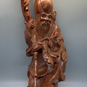 Chinese Solid Wood Statue, God of Longevity and Wisdom