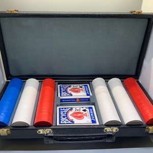 Vintage Large Poker Case, with Poker Chips, Faux Leather Case and 2 Decks of Bicycle Jumbo Playing Cards