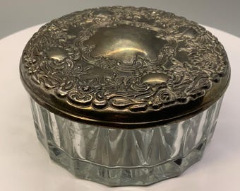Vintage Pressed Glass Vanity Jar with Ornate Silver Tone Lid – Jewelry Trinket Box