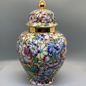 Vintage Hand Painted Millefleurs Floral with Gold Trim Vase with Lid