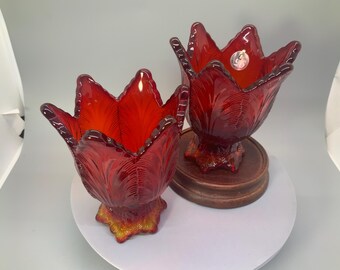 Fenton Art Glass Ruby Red Lotus Candle Holders – Pair – 95th Anniversary