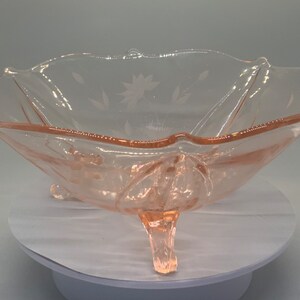 Vintage Pink Etched Elegant Pink Jeannette Glass Three Footed Compote Bowl
