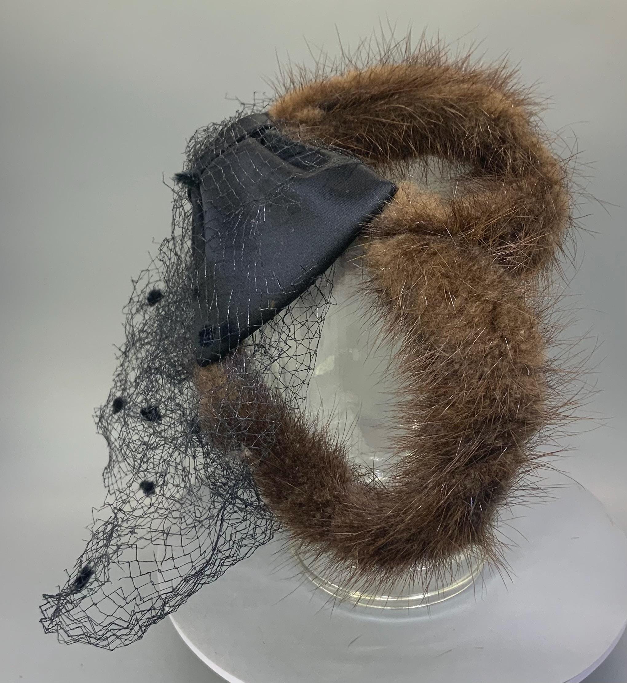 Vintage Mink Fascinator Hat With Black-brown Satin Bow and  display picture 3