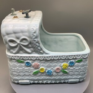 Vintage Napcoware Ceramic Blue Baby Nursery Planter Music Box with Flowers