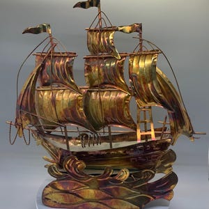 Vintage Copper Nautical Sailing Ship, Schooner, Music Box
