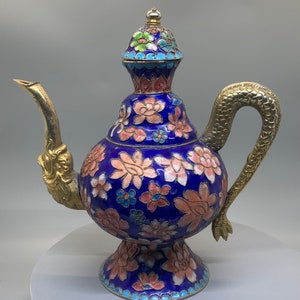 Chinese Cloisonné Silver Teapot with Dragon Spout, Tail and Cobalt Blue Enamel