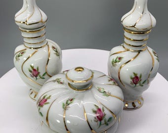 Vintage Irice Vanity Set Made in Japan, Porcelain Perfume Bottles and Powder Jar, Hand Painted Roses Gold Trim Dresser Set