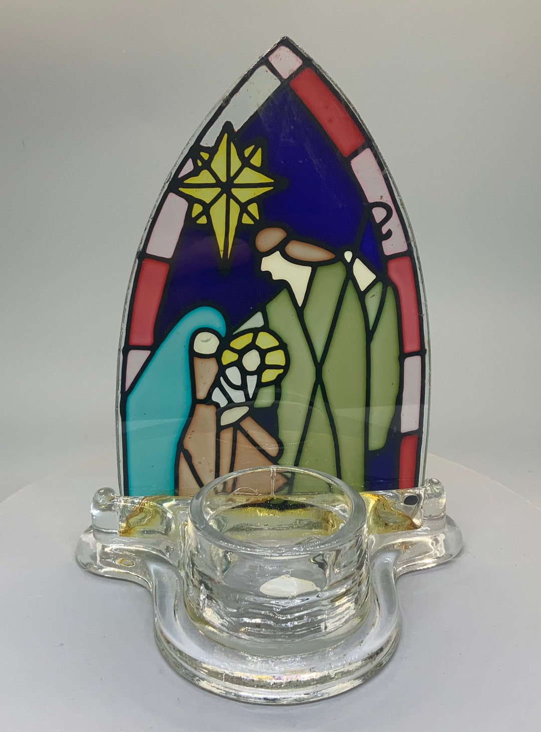 Vintage Teleflora Stained Glass Religious Candle Holder Etsy