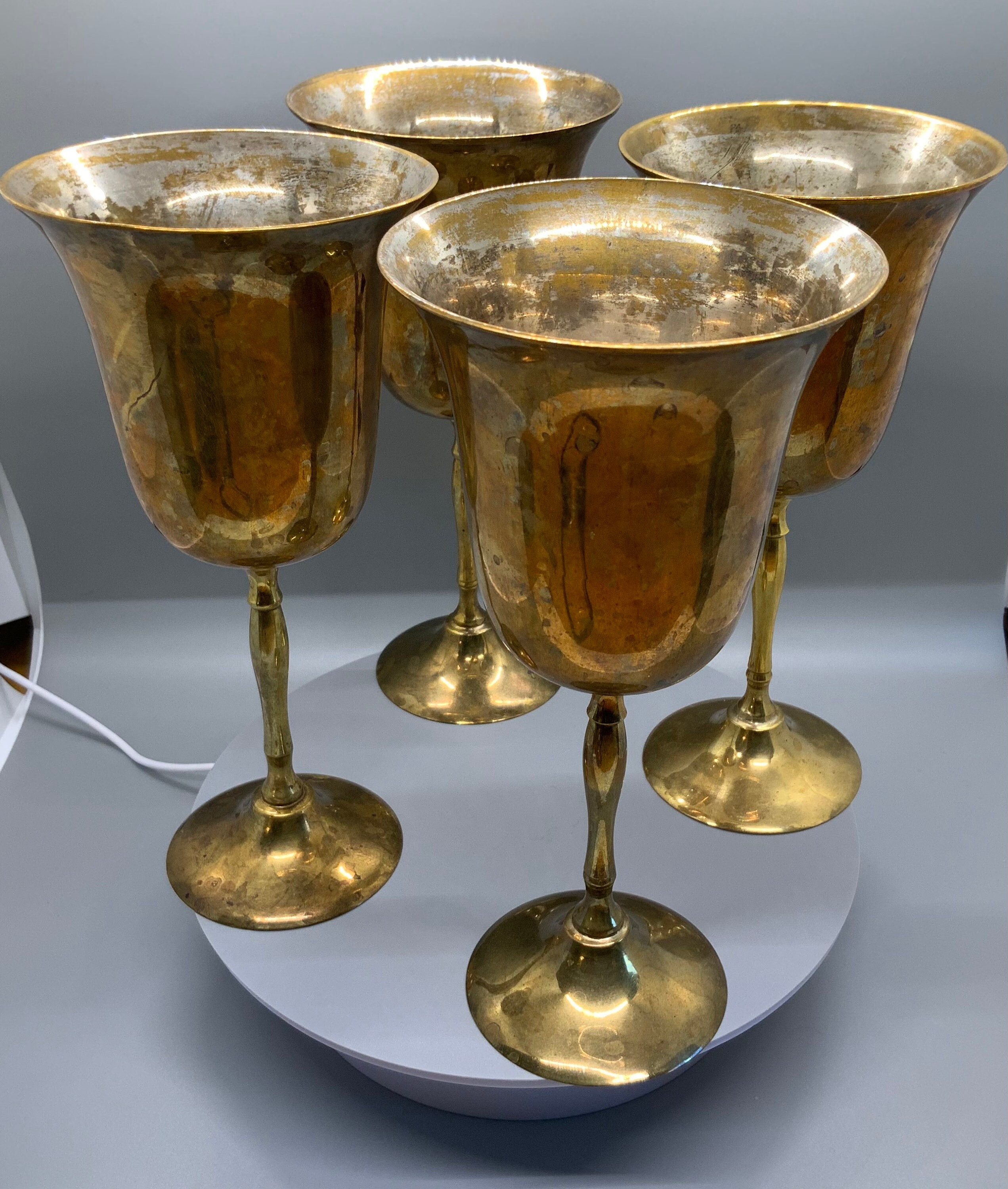 Four Vintage Small Brass Goblets With Aged Patina 