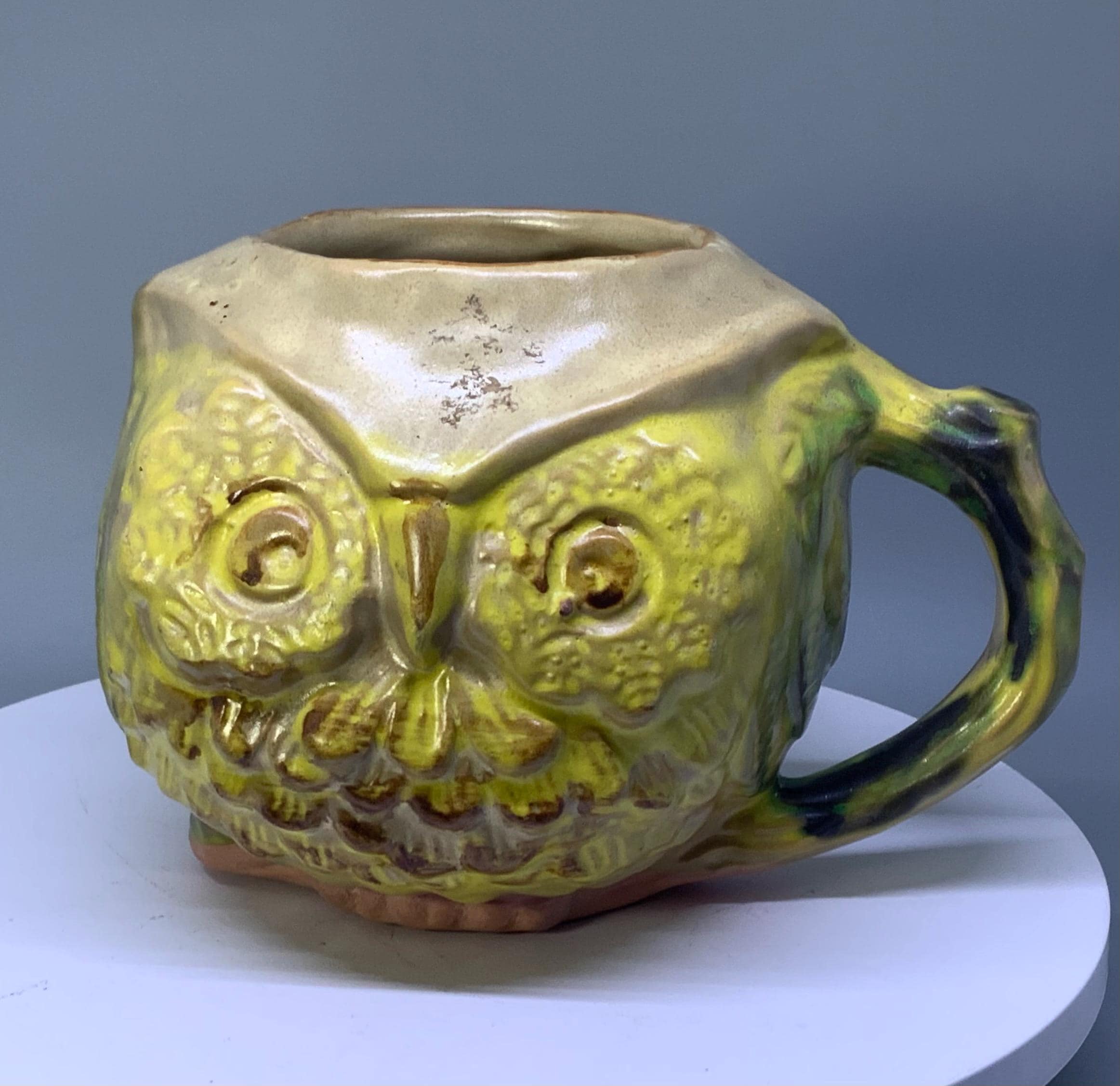 Vintage 1969 Pacific Stoneware B Welch Owl Mug Yellow Green Ceramic Pottery USA