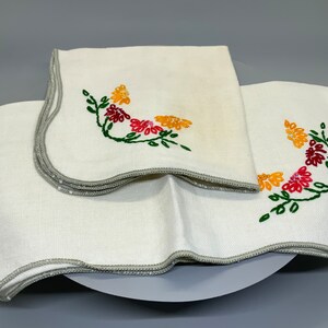 Vintage Set of 1950’s White Linen Napkins-Hankies with Handmade Embroidered Florals
