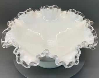 Fenton Milk Glass Silvercrest Ruffled Edge Pedestal Compote Bowl