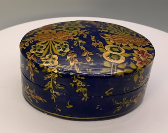 Vintage Blue Floral Paper Mache Trinket Box Hand Painted Round Box
