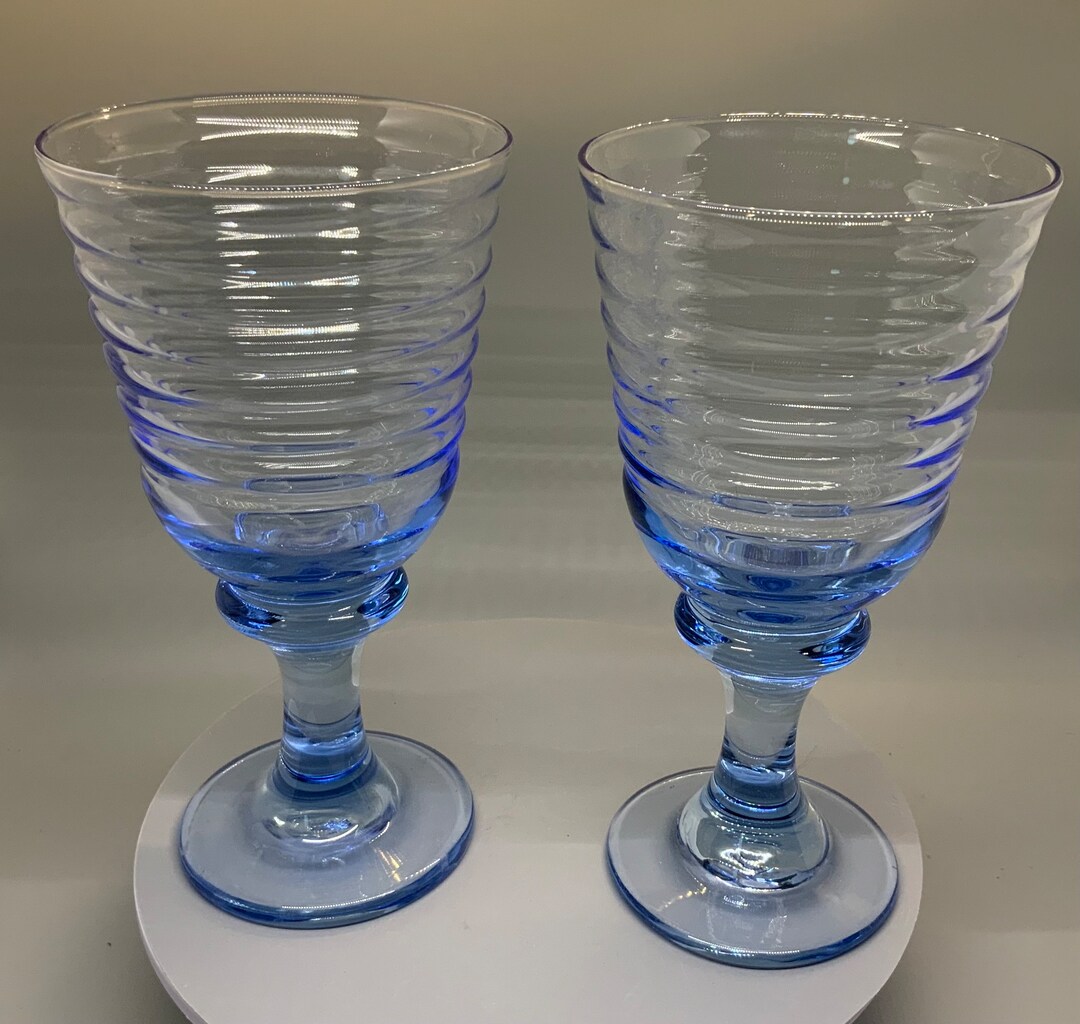 Libbey Ribbed Glassware Pair of Libbey Sirrus Vintage Blue Glass Ribbed Wine Water Goblets - Etsy