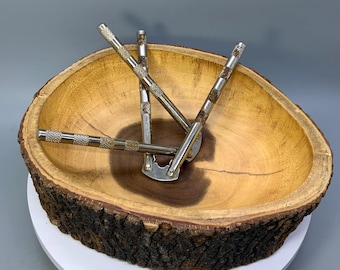 Vintage Live Edge Wood Nut Bowl with Metal Nutcrackers