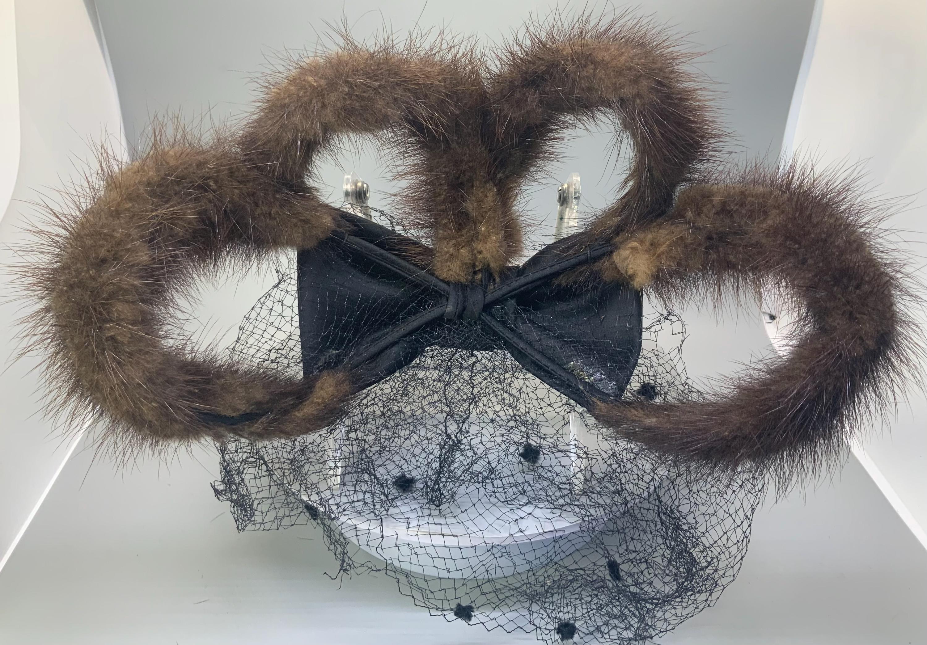 Vintage Brown Mink Fur Fascinator 1950s Calot Hat Netting Satin Bow Mod Cocktail 1950s Fur Veil Fascinator Copper Brown - Etsy main image 3
