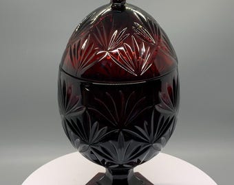 Vintage Ruby Red Glass Covered Compote – Footed Candy Dish with Cut-Style Leaf Pattern