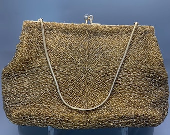 Vintage 1950s Gold Beaded Handbag with Gold Hardware and Crystal Kiss Clasp