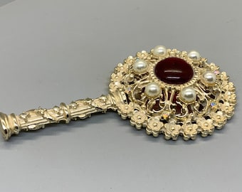 Vintage 1950’s Mid Century Filigree Gold Tone Purse Mirror