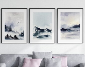 Watercolor Mountain Print Set, Woodland Home Decor (Digital Download)