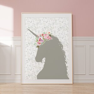 Girls Bedroom Decor or Nursery Print ~ Unicorn Wall Art with Floral and Eucalyptus ~ Printable Digital Download