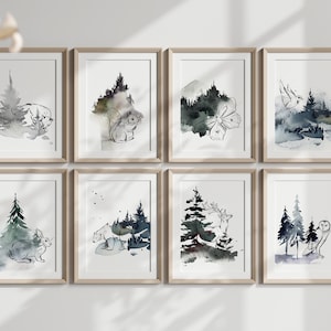 Printable art: Watercolor forest mountain animals, mix and match, woodland art, sketches, wall art, home or office decor, nature inspiration