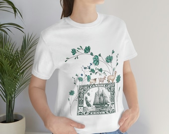 Noah's ark Tee, cute llama goat and sheep t-shirt, stamp and flowers, 100% cotton, made in the US,