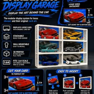 May include: A white modular display garage for 1:64 scale diecast cars and their original card art. The system is stackable and wall-mountable, featuring six individual compartments. Instructions show cutting card art to 2.1 inches in height.