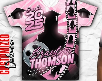 Personalized All Over Print Graduation T-Shirt - Lights, Camera and Action - Class Of 2025 Design - Graduation template editable