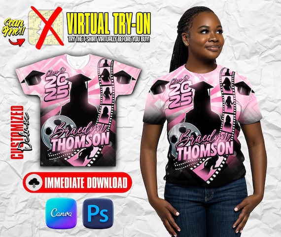 Personalized All Over Print Graduation T-Shirt - Lights, Camera and Action - Class Of 2025 Design - Graduation template editable