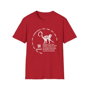 May include: Red t-shirt with a white circle containing a monkey illustration, the Chinese character for monkey, and the text "CHINESE ZODIAK - 1968 - 1980 - 1992 - 2004 - 2016 - 1956 - 1944 - 1932 - 1920 - 1908 - 8061 - 761 - MONKEY - Monkeys are very smart, energetic, happy and curious. Sometimes monkeys can be too confident and get ahead of themselves. They need to practice slowing down."