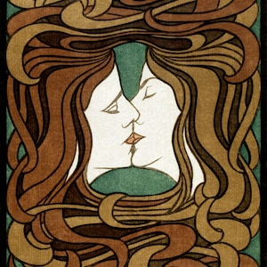 Puede incluir: Dos caras estilizadas con cabello castaño que fluye, besándose, sobre un fondo verde con líneas marrones que se arremolinan.