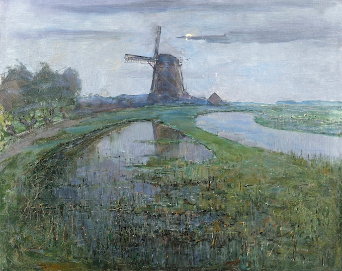 Piet Mondrian - Oostzijdse Mill along the River Gein by Moonlight 1903 - Impressionism - Digital Art - Printable JPG File