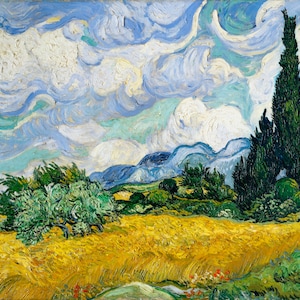 Può includere: Dipinto a olio raffigurante un paesaggio con un campo di grano, alberi e un cielo nuvoloso. Il campo di grano è giallo dorato e gli alberi sono verdi. Il cielo è un misto di blu e bianco, con nuvole vorticose. Il dipinto ha uno stile a pennellate strutturate.