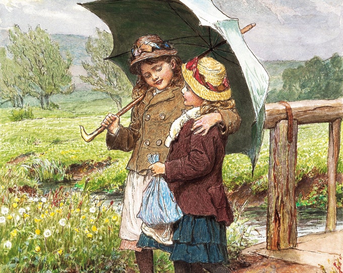 Robert Barnes - Two Girls Under an Umbrella  (1840–1895) - Digital Art Download