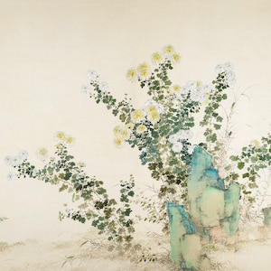 May include: A traditional Japanese painting depicting white chrysanthemums blooming against a light beige background. The flowers are clustered around a group of light blue rocks, with delicate green leaves and stems. The painting is done in a minimalist style, with subtle brushstrokes and a sense of tranquility.