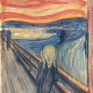 May include: A painting depicting a figure screaming with their hands covering their ears. The background features a swirling, vibrant sky with a dark blue river in the foreground. The painting is executed in a style that is both expressive and unsettling.